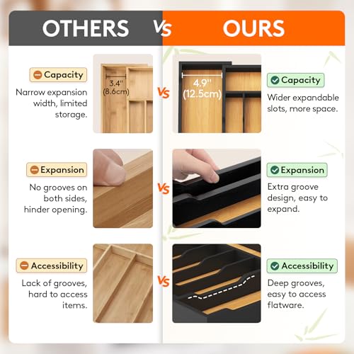 Silverware Drawer Organizer, Expandable Utensil Tr... (Natural & Black | Bamboo)