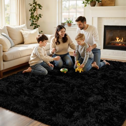 6x9 Black Fluffy Fuzzy Shag Area Rug for Living Room, Bedroom, Dorm Carpet | Ultra Soft, Non-Slip & No-Shedding, Plush, Cozy Modern Indoor Floor Home Decor for Kid Rooms, Nursery, Girl Playroom, Office