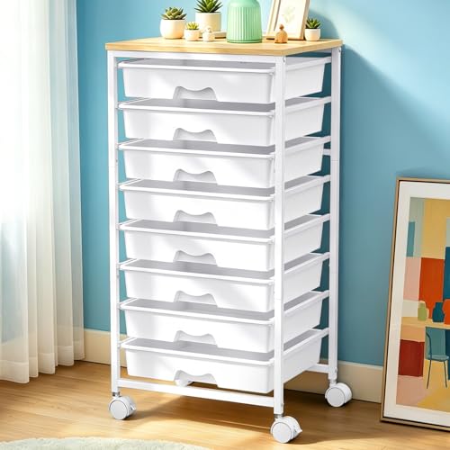 SUNALLY Rolling Cart With 8 Drawers,Storage Drawer Cart for Craft Art,White | Storage Utility Cart with Wooden Tabletop & 2 Lockable Wheels, Teacher Storage Cart for Classroom School Storage, Makeup,Nail