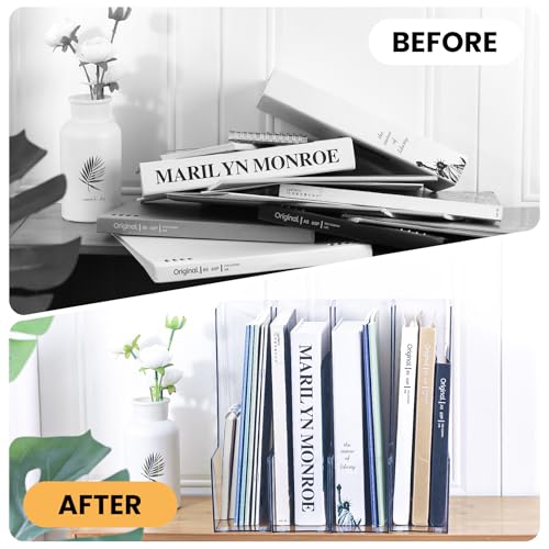 Vertical Magazine File Holder, Clear, 4 Pack | Plastic, Holds Magazines, Binders, Notebooks, Envelopes, Desk Organizer and Storage Bins