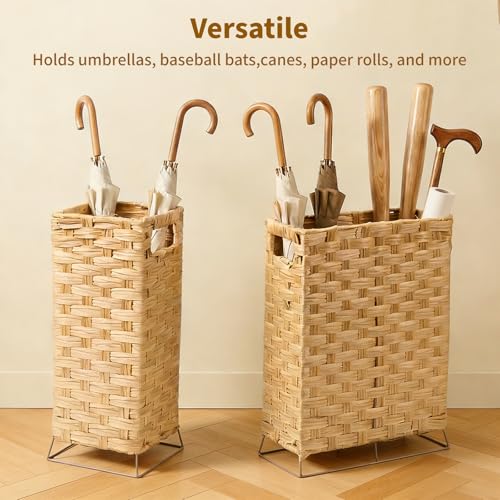 Umbrella Holder for Entryway - Handwoven Rattan Umbrella Stand Indoor with Water Reservoir Base, Durable Metal Hooks & Drip Tray, Stylish Umbrella Basket and Umbrella Storage Bucket