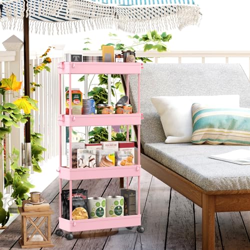 SPACEKEEPER Slim Rolling Storage Cart, 4 Tier Bathroom Cart Organizer, Pink | Narrow Rolling Cart with Wheels for Kitchen Office Bathroom Laundry Room,Mobile Utility Cart for Craft Art Makeup Nail Polish