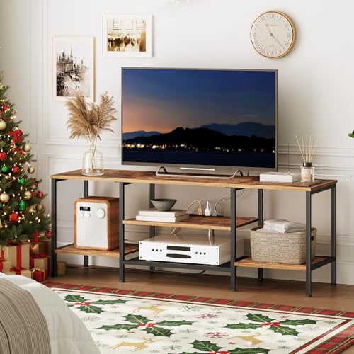 HOOBRO TV Stand with Power Outlets to 65 Inches, TV Console Table with Open Storage Shelves, Industrial Media Entertainment Center for Living Room Bedroom, Rustic Brown and Black BF40DS01