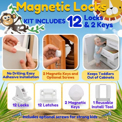 Baby Proofing Kit, All in One, Child Safety Kit, 67 Piece Pack | Magnetic Cabinet Locks, Power Point Outlet Covers, Corner Bumpers Protectors, Strap Locks, Finger Pinch Guards, Bath Toys
