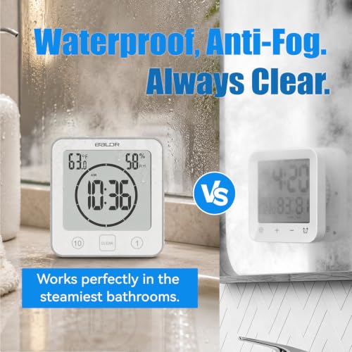 Baldr Waterproof Bathroom Shower Clock with Timer, Temperature and Humidity | Digital Timers for Kids and Adults, Bath Kitchen Study, White
