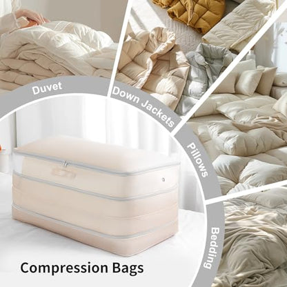 Comforter Storage Bag - Large Capacity Bedding Storage Bags Ultra Space Saving Self Compression Organizer, Washable Compression Bags for Storage Comforter Blanket Duvet Pillow, 2-Pack, Beige