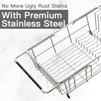 Dish Drying Rack Over The Sink with Adjustable Utensil Holder | Expandable Stainless Steel Dish Drainer for Small Kitchen, Apartment, RV, Counter Space Saving, Perfect Fit, Rustproof