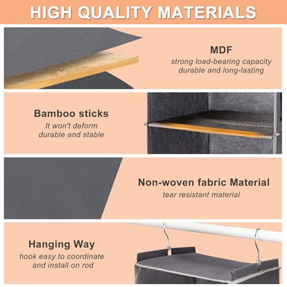 BOOMIBOO Hanging Closet Organize and Shelves,5-Hanging Shelf（2 Pack,Grey） | Dorm Room Essentials, Clothes Organizer with 2 Side Pockets, Hanging Shelves for Closet Storage, Breathable Fabric