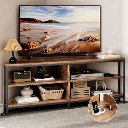 MUTUN Corner TV Stand with Power Outlet, Corner Entertainment Center for 32 43 50 55 60 Inch TV, Industrial Media Console Table for Living Room Bedroom, 55 Inch, Rustic Brown