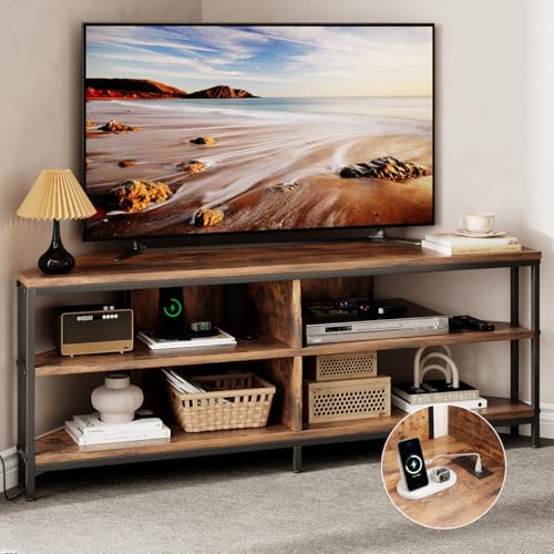Corner TV Stand with Power Outlet, Corner Entertai... (Rustic Brown | Metal)