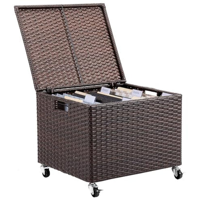 BIRDROCK HOME Rattan Rolling Storage Box with Lid and Wheels – Decorative Outdoor Deck Box for Patio, Balcony, Poolside – Woven File Organizer for Letter or Legal Files, Blankets or Towels (Espresso)