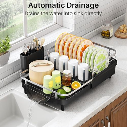 SAYZH Expandable Dish Drying Rack for Small Kitchen Counter, Black | Stainless Steel, Protective Guardrail, Angled Drainboard, Fits High-Rim Sinks, Removable Utensil Holder