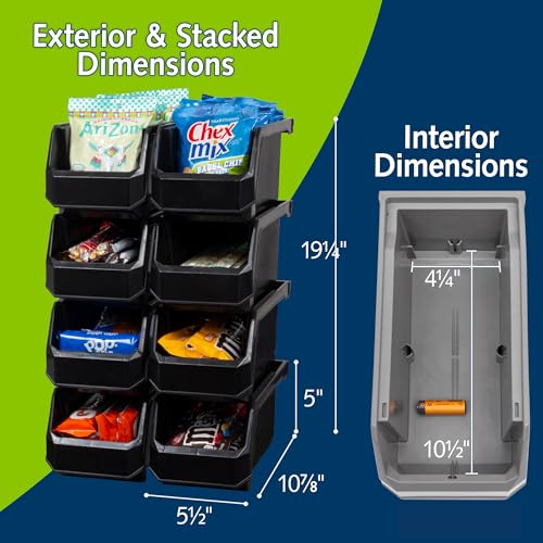 Medium Stackable Plastic Storage Bins, 8-Pack, Bla... (Black | Plastic)