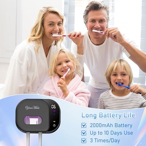 YourMate Toothbrush Holder Bathroom Rechargeable Wall Mounted Toothbrush Cleaner with Smart Sensor Lid & Fan, 5-Min Auto Cleaning, 2 Type Slots
