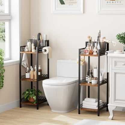 Bathroom Storage and Organizer Shelf Hair Dryer Holder, 9.85in | 3-Tier Narrow Metal Standing Rack with Toilet Paper Holder,Makeup Stand for Cosmetic, Vanity, Kitchen, Laundry Rustic Brown