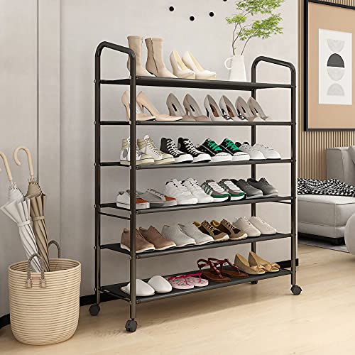 Tall 6-Tier Metal Shoe Rack,Non-Woven Fabric Shoe Shelf,Large Storage Racks with Locking Wheels,Rolling Shoe Storage Organizer Shoe Stand Holders,for Garage Closet Dorm,Black