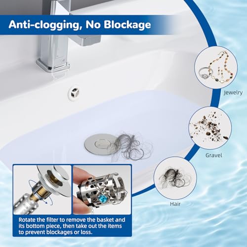 Hibbent 2 Pack 3 in 1 Bathroom Sink Drain Strainer, Universal Pop Up Stopper with Removable Stainless Steel Filter Basket Hair Catcher, Sink Plug for 1.1''~2.36'' Basin, Brass Bullet Core, Chrome
