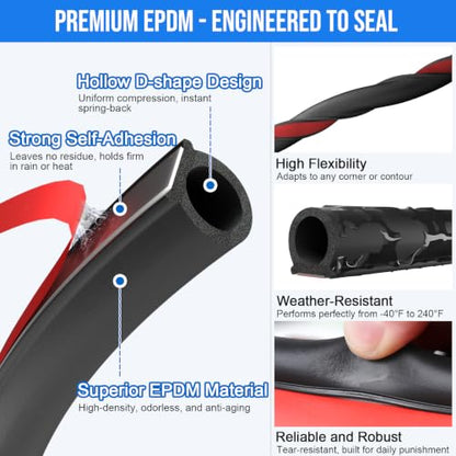 20 Ft Rubber Weather Stripping Door Seal, D Shaped Automotive Weather Stripping, Car Door Seal Strip, Self Adhesive Soundproofing Weatherstripping for Doors Windows Car Truck Auto RV