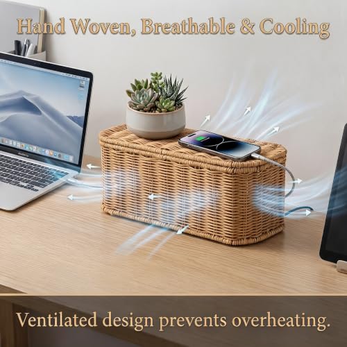 Rattan Cable Management Box, Cord Organizer to Hide Cords & Power Strip | Metal framed handwoven rattan, ventilated to dissipate heat. Octagonal design & dual rear cable slots, boho home office decor