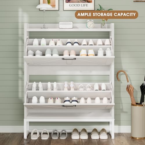 Shoe Cabinet, Shoe Storage Cabinet with 2 Flip Drawers & Adjustable Shelf, Space-Saving Shoe Organizer – Holds 16+ Pairs, Narrow Shoe Cabinet Storage for Entryway/Hallway（White）