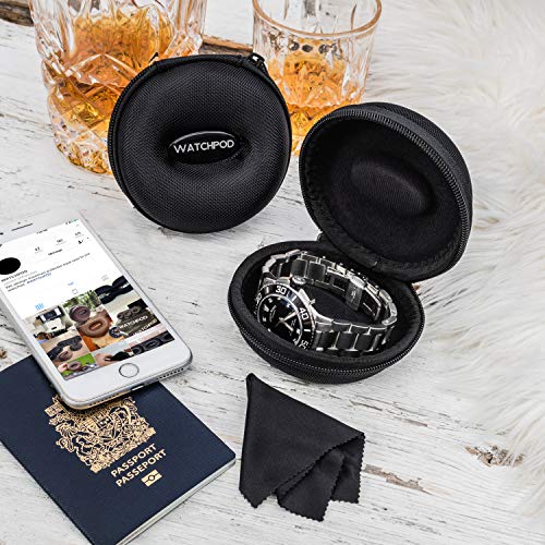 Travel Watch Case | Single Watch Box w/Zipper for Storage | Cushioned Round Portable Watch Case for Travel | Fits all Wristwatches and Smart Watches up to 50mm (Black)