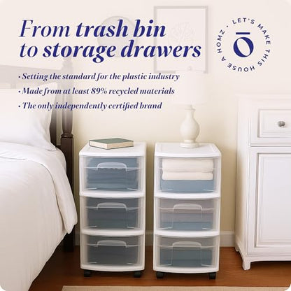 HOMZ 3-Drawer Storage Cart, Plastic Home, Dorm, & Office Organizer, White Frame | Plastic Organizer with Clear Bin Drawers for Bedroom, Bathroom, Home Office, and Dorm Rooms