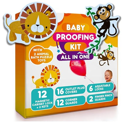 Baby Proofing Kit, All in One, Child Safety Kit, 67 Piece Pack | Magnetic Cabinet Locks, Power Point Outlet Covers, Corner Bumpers Protectors, Strap Locks, Finger Pinch Guards, Bath Toys