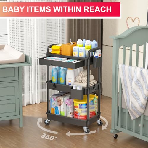Goovilla 3 Tier Rolling Utility Cart Organizer with Removable Drawer, Black | Stable and Sturdy Rolling Storage Carts with 2 Lockable Wheels for Bathroom, Kitchen, Snack, Craft, Makeup, Baby Essentials