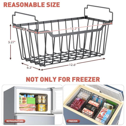 Freezer Organizer Bins for 3.5-7 Cu.FT Chest Freezer, 4 Pack Black | Foldable Handle Stackable Freezer Baskets, Coated Metal Freezer Storage Bins with Better Space Utilization, Deep Organization