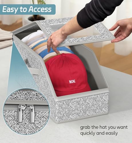 2 PCS Stackable Hat Storage for Baseball Caps, Holds up to 24 Caps Hat Organizer for Closet, Sturdy Snapback Boxes for Men with Cardboard, Grey