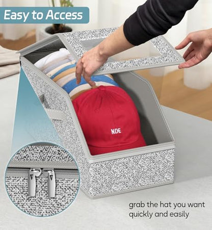 2 PCS Stackable Hat Storage for Baseball Caps, Holds up to 24 Caps Hat Organizer for Closet, Sturdy Snapback Boxes for Men with Cardboard, Grey