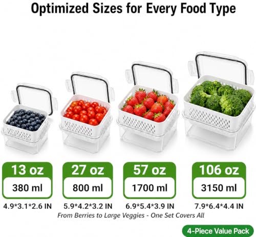Fruit Storage Containers for Fridge with Lids, Fridge Organizers and Storage Produce Saver Box with Removable Drain Basket for Fruit Berry Salad Vegetable Meat, 380ml to 3150ml (4 Pack)