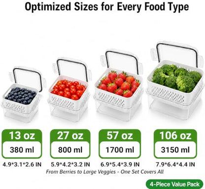 Fruit Storage Containers for Fridge with Lids, Fridge Organizers and Storage Produce Saver Box with Removable Drain Basket for Fruit Berry Salad Vegetable Meat, 380ml to 3150ml (4 Pack)