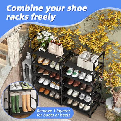Simple Trending 10 Tiers Tall Shoe Rack for Closet, Black | Narrow Shoe Shelf, Holds 20 Pairs, Shoe Organizer Storage, With Hooks