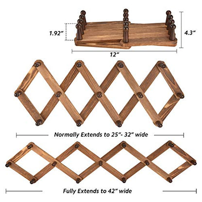 Vintage Wood Expandable Peg Rack- Multi-Purpose Accordion Wall Hangers with 13 Hooks for Hats, Coat, Mugs, Scarf, Jewelry Storage