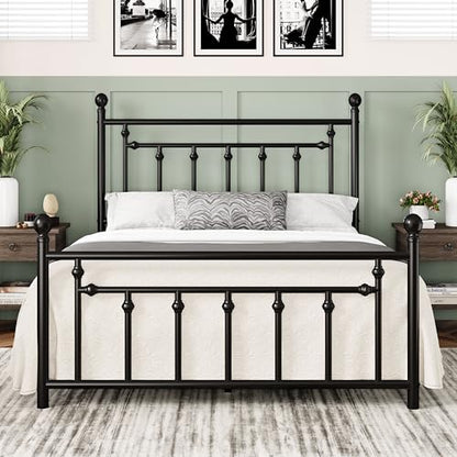Allewie 14'' Queen Size Metal Platform Bed Frame, Vintage Headboard, Black