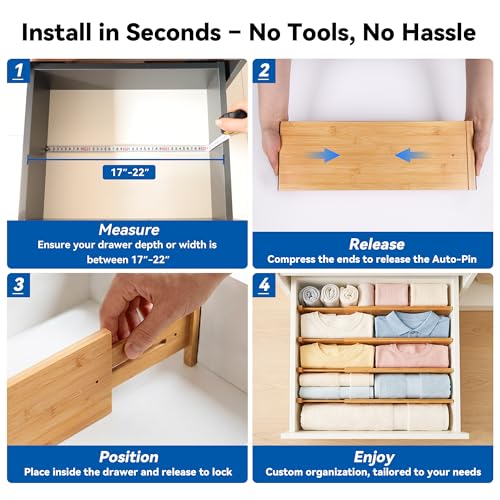 4 Pack Deep Drawer Dividers, 6" High Bamboo Expandable Drawer Organizers, 17-22" Adjustable Tension Separators, Large Drawer Dividers for Kitchen, Bedroom Dresser, Baby Nursery & Bathroom