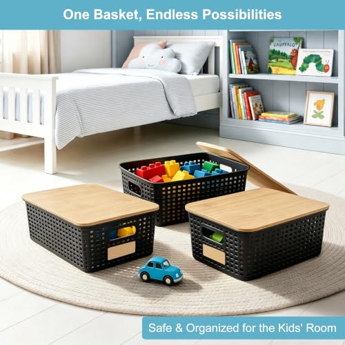 Small Plastic Storage Bins with Bamboo Lids 5.2qt Stackable Box Basket Pantry Decorative Containers Cute with Lable for Organizing Desktop Closet Office Black of 6 packs 10 * 7.2 * 4.1"