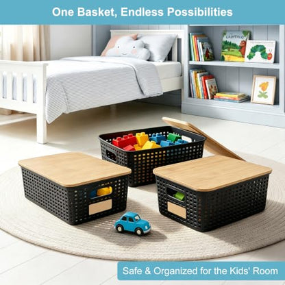 Small Plastic Storage Bins with Bamboo Lids 5.2qt Stackable Box Basket Pantry Decorative Containers Cute with Lable for Organizing Desktop Closet Office Black of 6 packs 10 * 7.2 * 4.1"