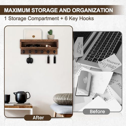 Key and Mail Holder Wall Mount, Key Hanger with Long Storage Box and 6 Hooks for Coat, Dog Leash, Home Decor Rack, House Accessories, Entry Way Organizer (Brown)
