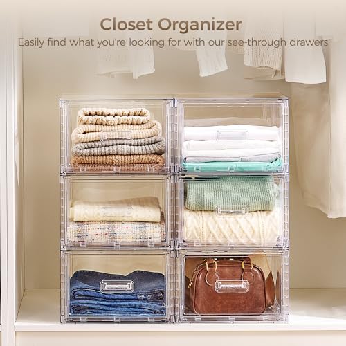 Vtopmart 2 Pack Clear Stackable Storage Drawers 15QT | Easily Assemble Closet Organizers,Plastic Storage Bins for Bathroom,Cabinet,Kitchen Pantry,Under Sink Organization(Medium)
