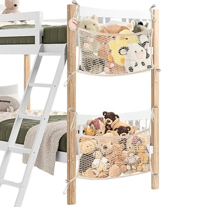 2 Pack Stuffed Animal Storage Net for Kids, Toy Organizer Net, Cotton | Bedside Stuffed Animal Net with Tether, Neatly Stores Stuffed Animals, Plush Toys, Stretches up to 35 Inches, Beige