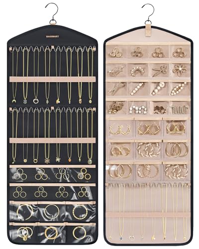 BAGSMART Hanging Jewelry Organizer with Hanger Metal Hooks Double-Sided Jewelry Holder for Organizing Earrings Necklaces Rings Perfect for in Hanging Closet, Wall, Door, 1 Piece, Large, Black