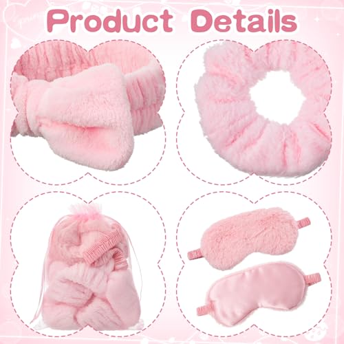 48 Pcs Spa Party Supplies Bulk, 12 Spa Headband 12 Plush Sleep Eye Mask 12 Velvet Scrunchies 12 Organza Bags Disposable for Bachelorette Sleepover Slumber Party Favors Christmas Favors Gift(Pink)