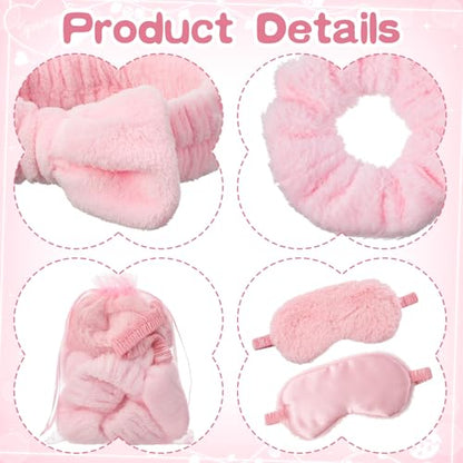48 Pcs Spa Party Supplies Bulk, 12 Spa Headband 12 Plush Sleep Eye Mask 12 Velvet Scrunchies 12 Organza Bags Disposable for Bachelorette Sleepover Slumber Party Favors Christmas Favors Gift(Pink)