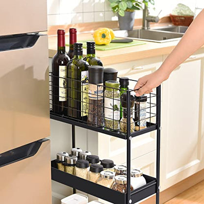 KINGRACK Slim Rolling Storage Cart 3 Tier - Heavy Duty Metal Utility Cart with Raised Edge & Wheels, Narrow Small Mobile Organizer Shelves for Bathroom, Kitchen, Laundry, Office, Living Room, Black