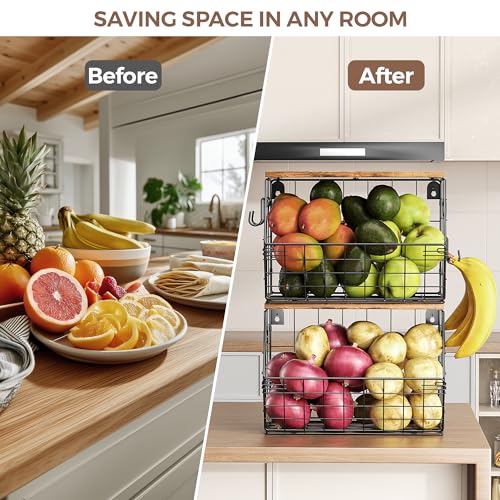 Delamu Stackable Metal Fruit Basket with Wood Lid 2 Pack, Hanging Wall Organizer for Kitchen Counter, Pantry Storage for Onions, Potatoes, Garlic, Fruits, Spices, Black