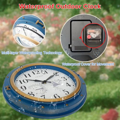 16 Inch Waterproof Outdoor Wall Clock, Thermometer Hygrometer | Silent non-ticking movement, battery powered, blue easy-read dial for patio, porch, garden, kitchen, and home decor