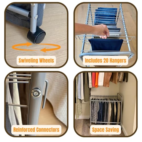 Evelots Rolling Pants Rack with 20 Hangers, Jean and Skirt Closet Organizer | Rolling pants rack includes 20 hangers to organize jeans, skirts and trousers while maximizing closet space and easier access