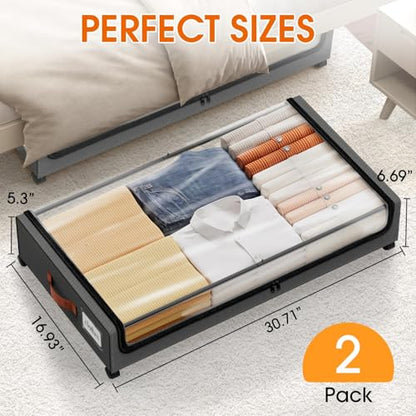 SpaceHacks Under Bed Storage with Wheels 2Pack Storage Containers with Clear Window&Label Under Bed Drawers Rolling Under Bed Storage for Clothes,Shoes, Blankets (30.71 x 16.93 x 6.69 in, Dark Grey)